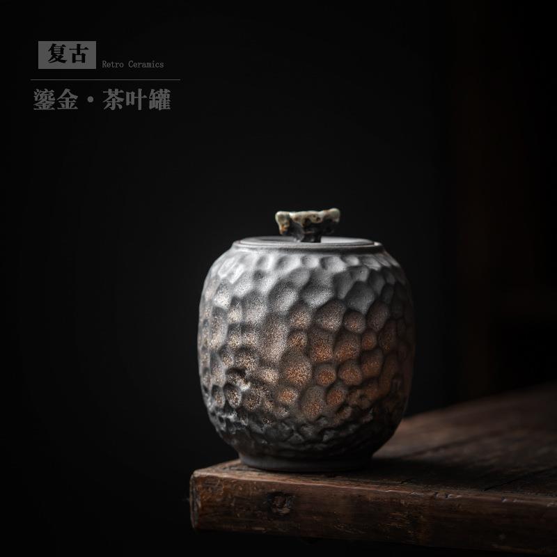 复古陶瓷茶叶罐小号鎏金粗陶存茶罐锤纹密封储物罐防潮带盖茶仓