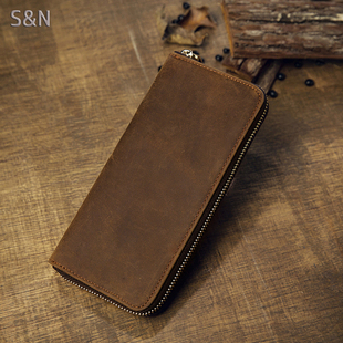 手工牛皮长款拉链纯牛皮钱包简约青年真皮手包男士复古休闲手机包