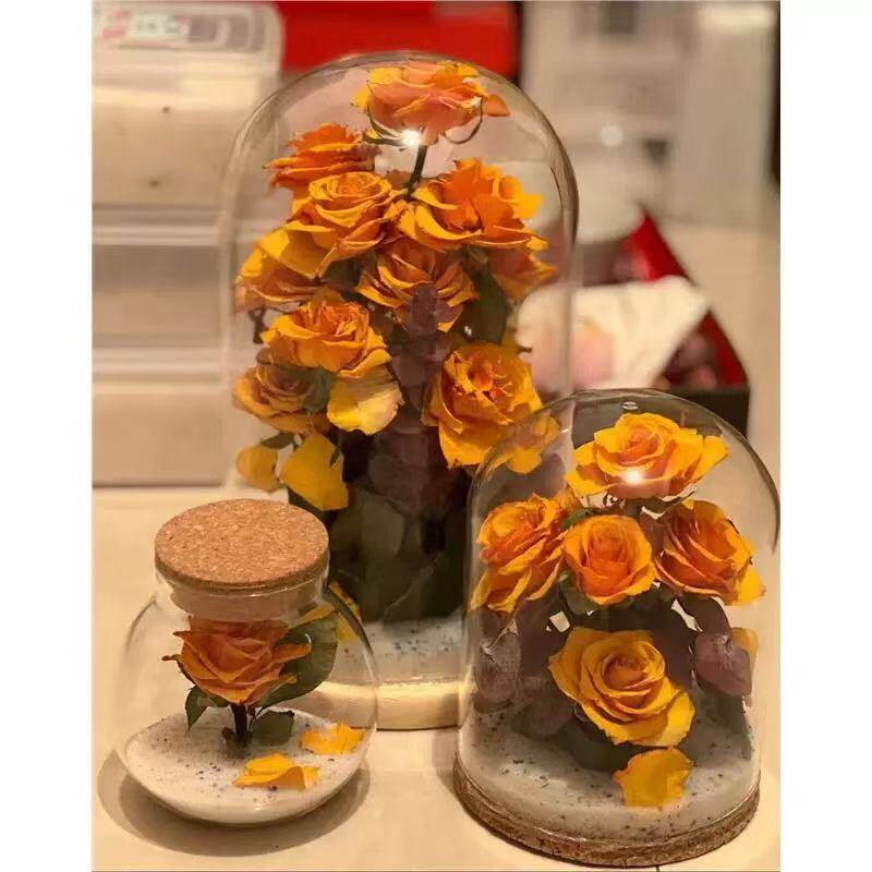 干花相框玻璃罩+玫瑰永生花束含