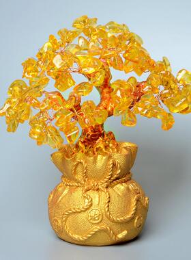 黄水晶发财树酒柜装饰品摆件家居客厅电视工艺品创意小招财摇钱树