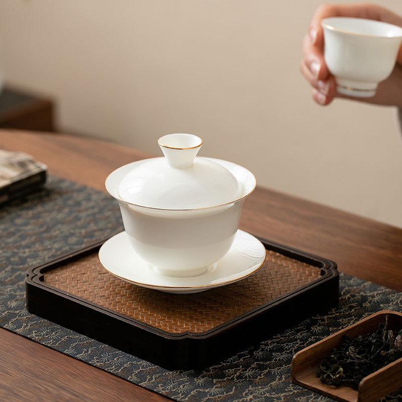 德化白瓷羊脂玉三才盖碗大容量陶瓷泡茶碗茶杯带盖单个茶具