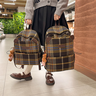 格子学生书包2024新款初中生高中生大容量旅行复古背包女双肩包