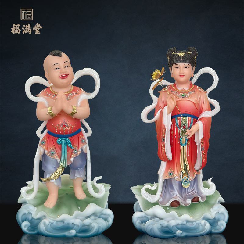 善财童子龙女金童玉女仿汉白玉观音菩萨佛前佛堂摆件供奉童男童女