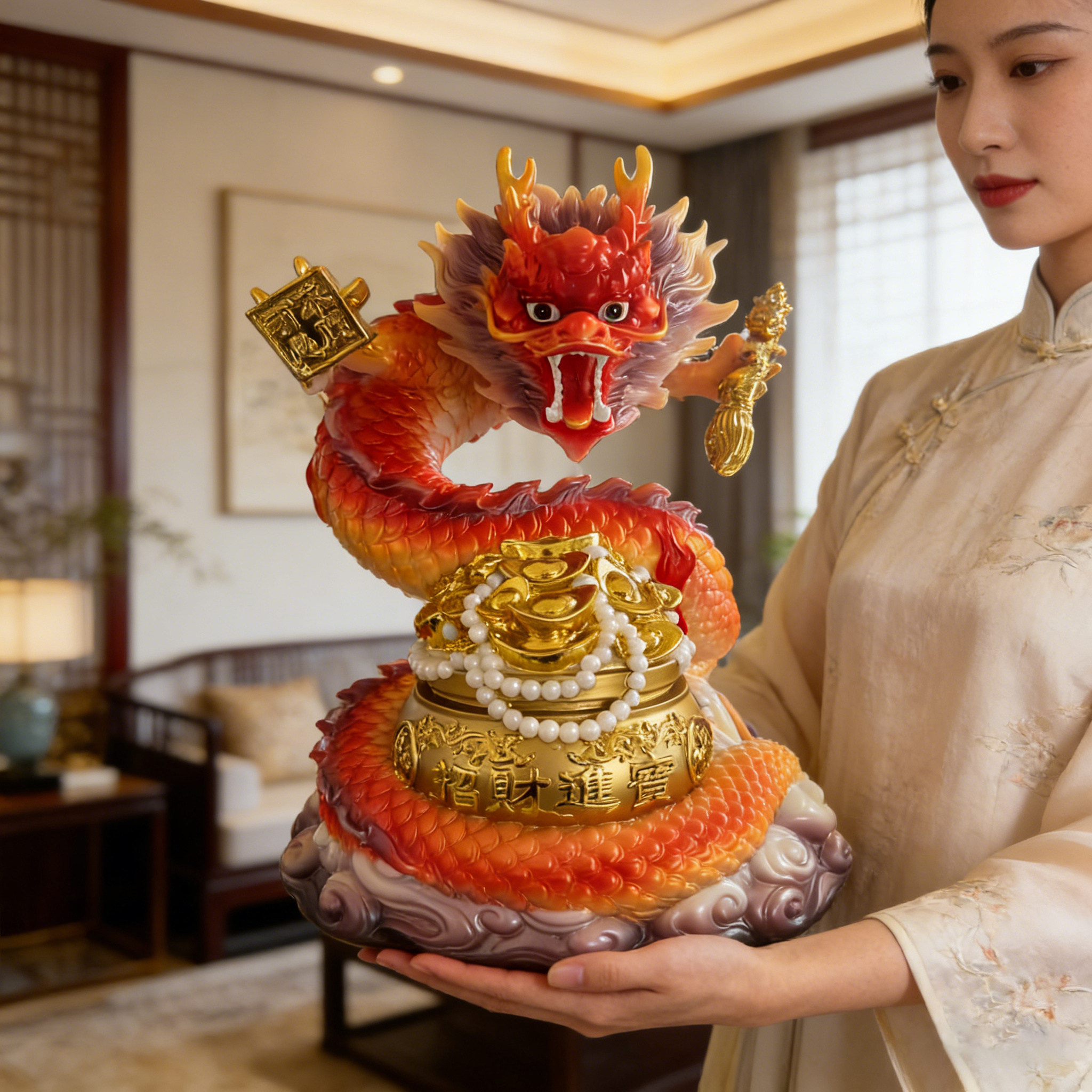 龙王真身四海龙王东海西海南海北海龙王神像仿汉白玉聚宝盆摆件