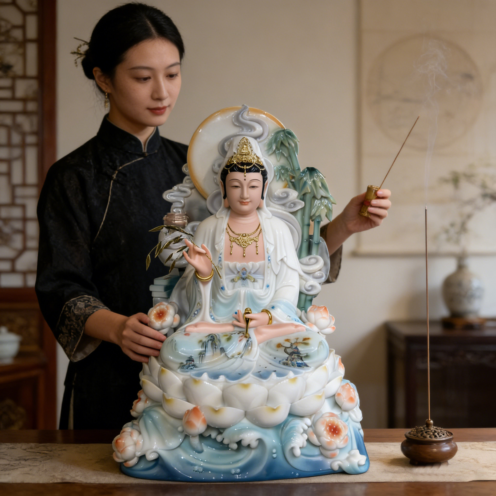 静思观音菩萨家用供奉观音佛像南海观世音菩萨自在观音仿汉白玉