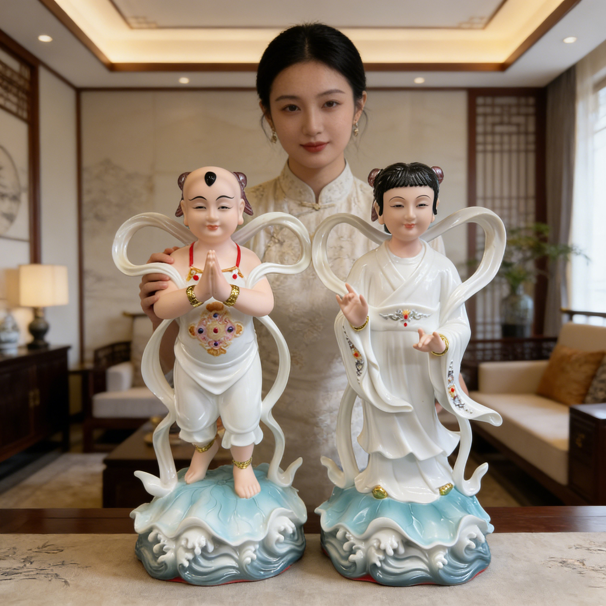 童子龙女佛像供奉家用金童玉女一对摆件散财童子善财童子龙女神像