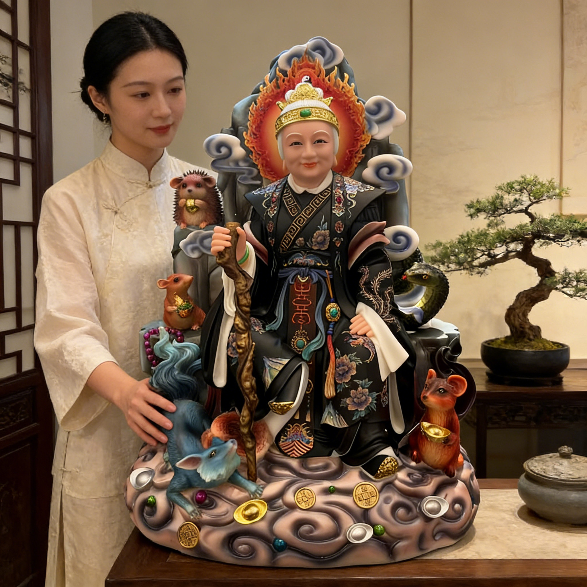 黑老太神像坐山供奉家用仿汉白玉铁刹山黑妈妈像黑奶奶真身像摆件