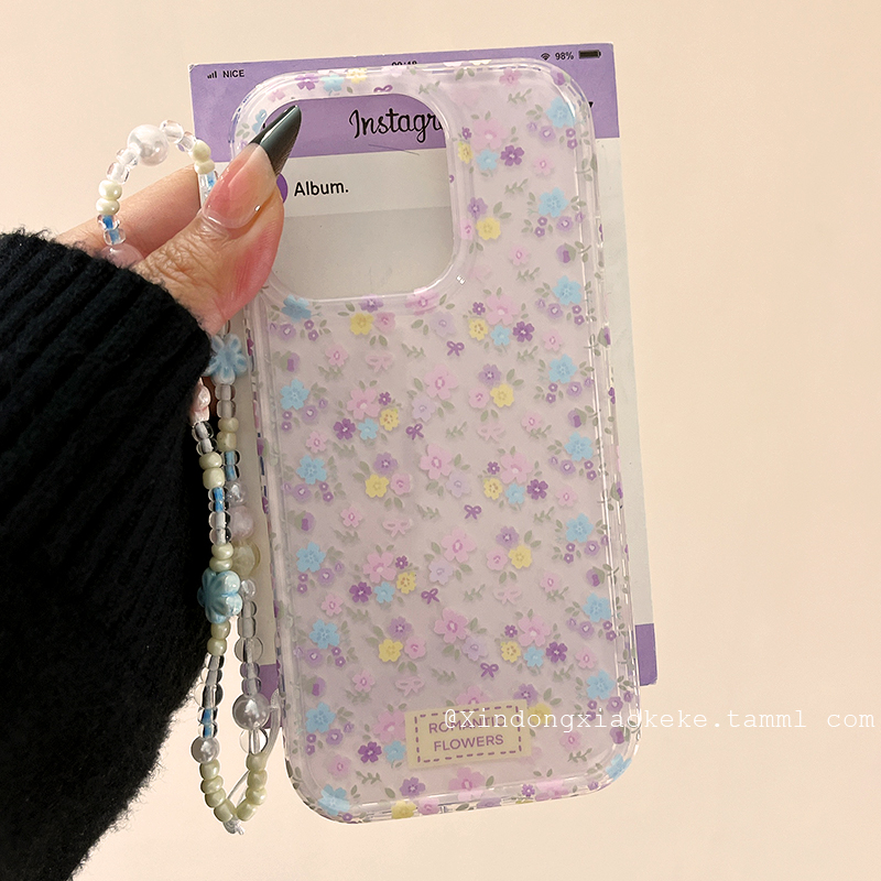 早春韩系紫色小碎花适用苹果iPhone16ProMax手机壳15新款14带链条13小众14promax高级感16pro硅胶15pro全包女