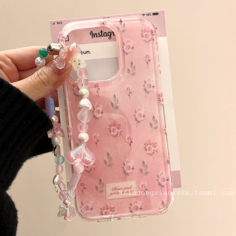 ins韩风少女心玫瑰花适用苹果iPhone16ProMax手机壳15新款14带链条13小众14promax高级感16pro硅胶15pro全包