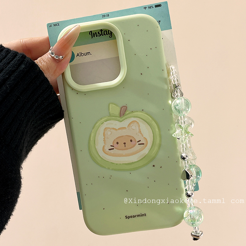 ins小清新青苹果猫咪适用苹果iPhone16ProMax手机壳15新款14带链条13小众14promax女16硅胶15创意16pro全包11