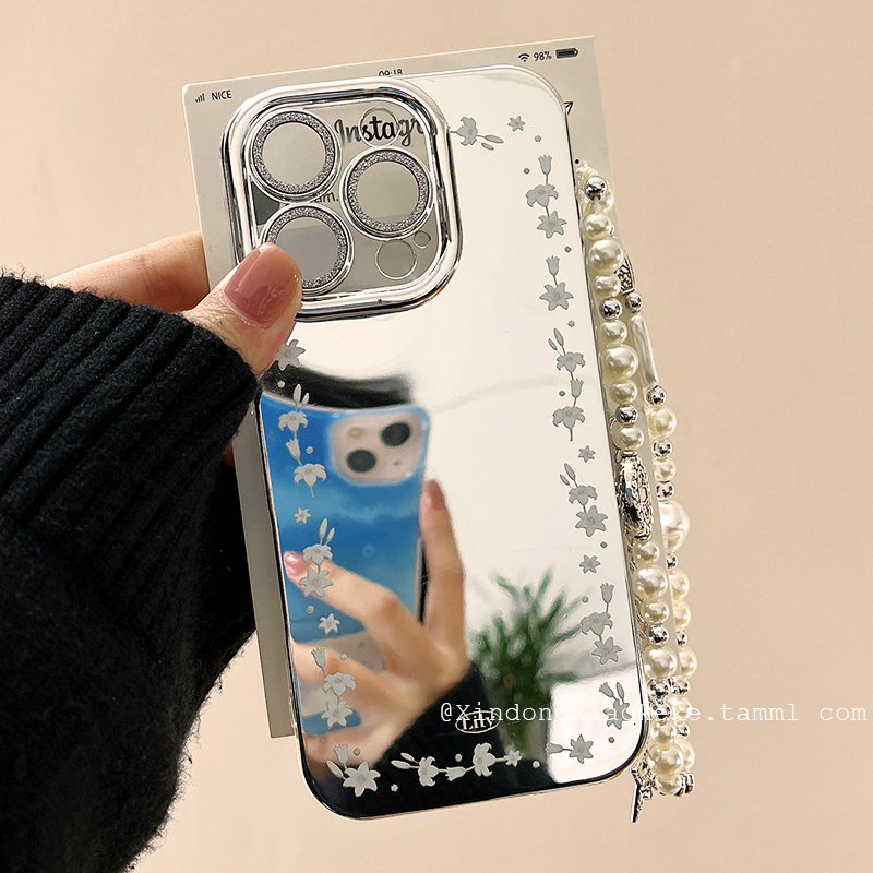 ins冷淡风白色花朵适用苹果iPhone16ProMax手机壳镜面15新款14带链条13小众14promax女15pro硅胶16P全包镜头