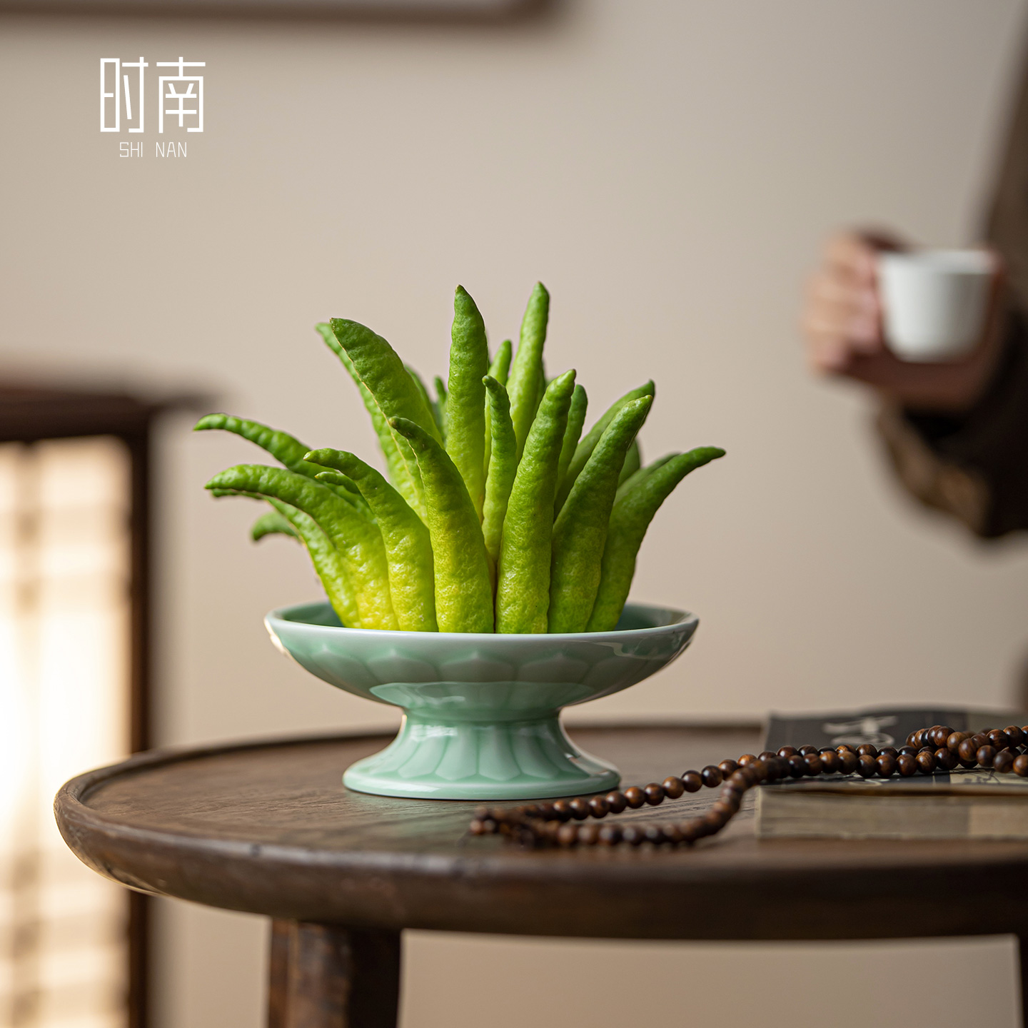 莲花佛手柑托盘底座陶瓷高脚盘中式禅意佛手瓜观赏清供专用摆放盘