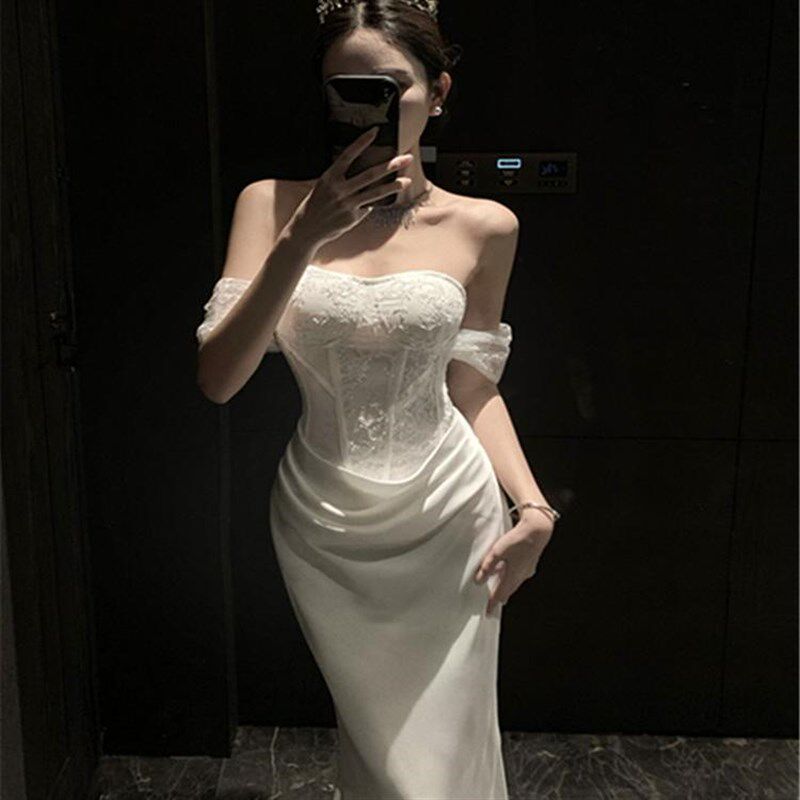 新品高端轻奢小众生日抹s胸礼服晨袍新娘订婚轻婚纱白色领证登记