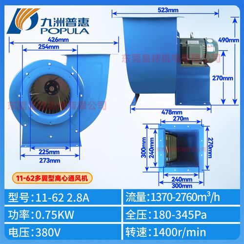 新品厂促九洲普惠1162s离心风机厨房专用220V九州多翼式工业强力