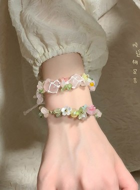 极速新中式天然石头编绳手链女生森系高颜值原石小V众精致手串闺