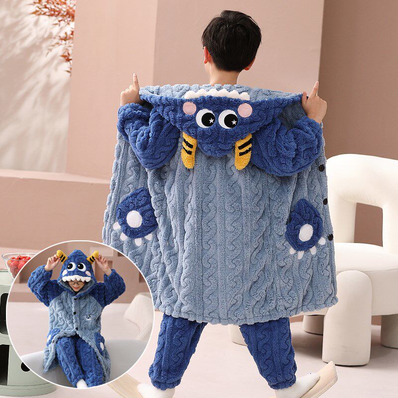 儿童睡衣法兰绒卡通比卡丘冬天加厚长款睡袍男女大童宝宝珊瑚毛绒