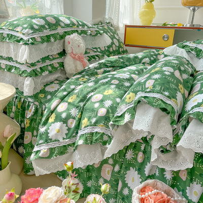 法式春夏小清新绿色小碎花床裙四件套床罩被套水洗棉蕾丝花边床品