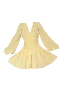 大码胖mm法式黄色v领长袖连衣裙女夏季气质褶皱收腰显瘦A字短裙子