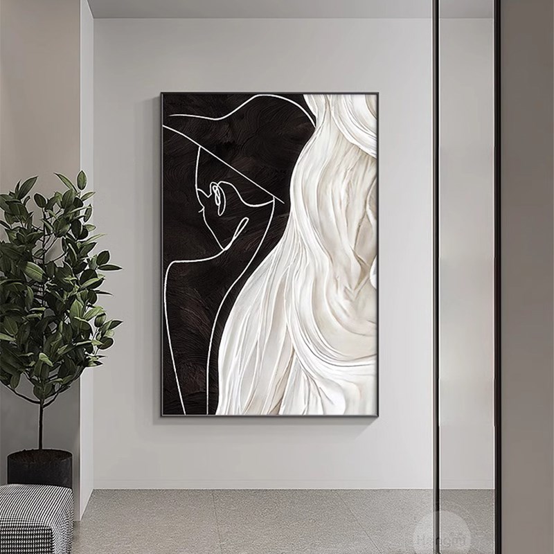 黑白玄关装饰画大幅人物艺术线条走廊过道客厅挂画高级感抽象壁画