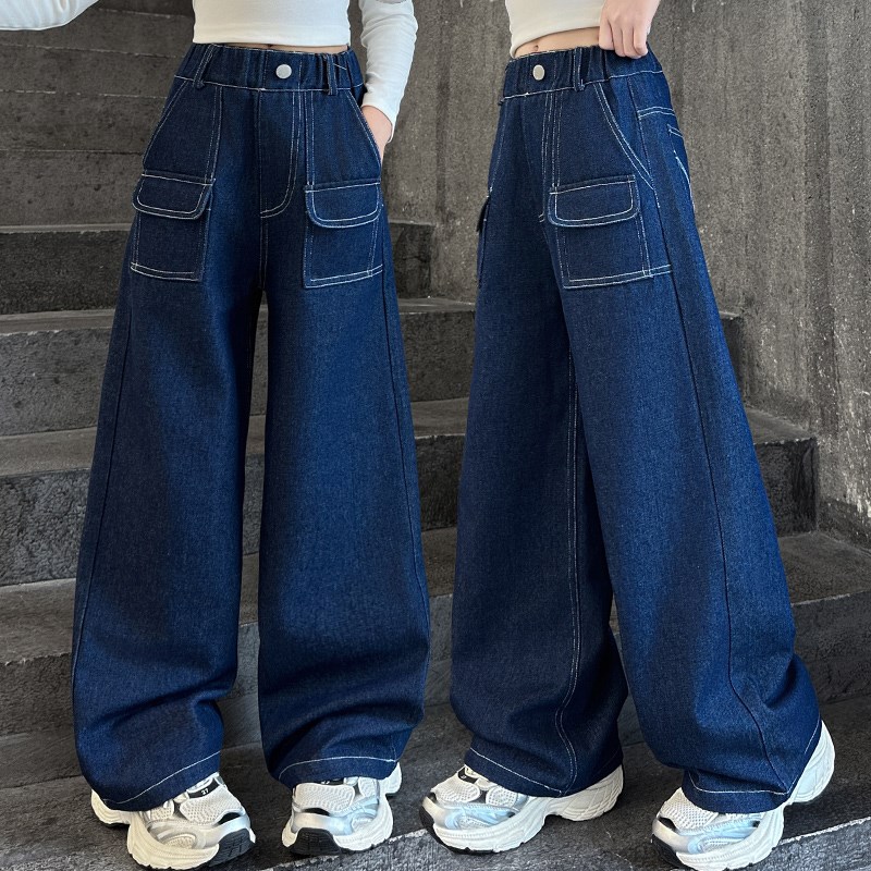 女童牛仔裤春秋款2024新款儿童裤子中大童装宽松直筒阔腿长裤秋装