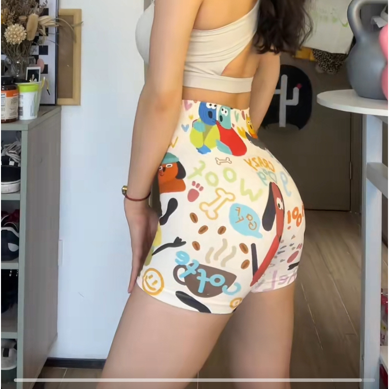 夏季可爱多巴胺彩色印花运动瑜伽服短裤高腰提臀运动健身短裤三分