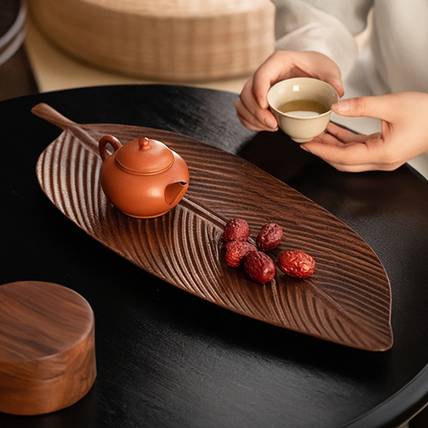 中式胡桃木树叶形整木托盘实木质茶杯盘不规则木盘子家用干泡茶盘