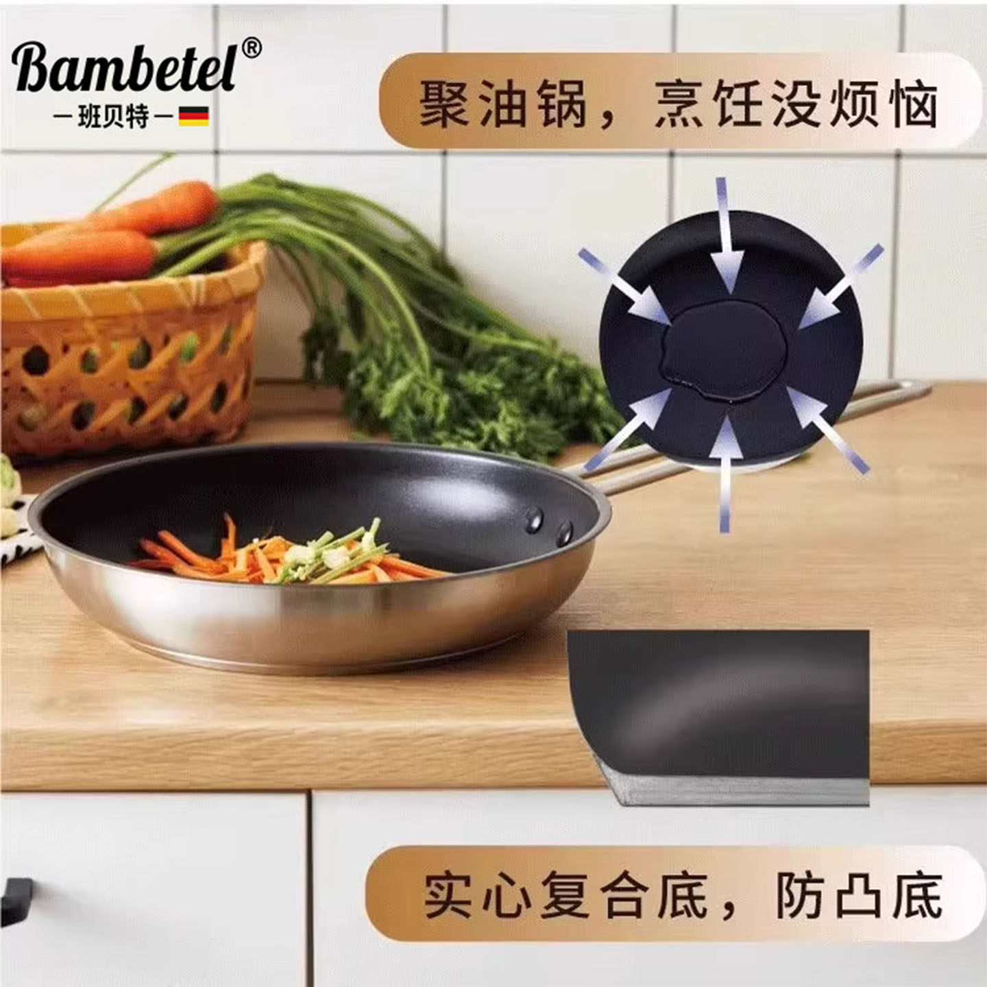 德国bambetel班贝特316不锈钢平底锅家用煎锅牛排煎锅燃气电磁炉
