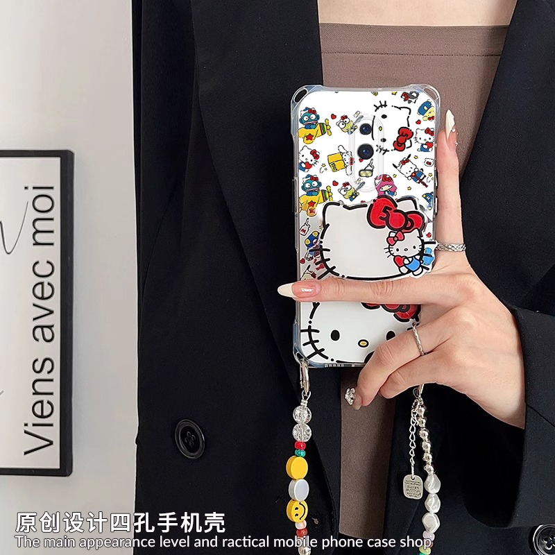 适用OPPOR17手机壳新款创意OPPOR15标准版卡通可爱蝴蝶结猫咪四角挂绳硅胶保护套全包防摔外壳斜挎背带