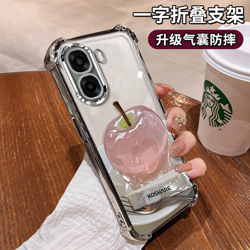 适用OPPOA6C手机壳新款卡通时尚清新创意水晶苹果PMC110电镀硅胶保护套四角防摔外壳隐形支架带挂绳