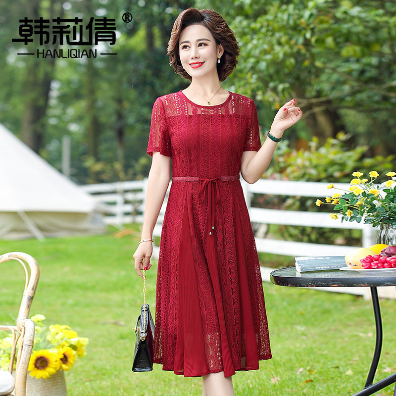 母亲节妈妈夏装连衣裙喜婆婆夏季婚礼结婚宴礼服高贵红色蕾丝裙子