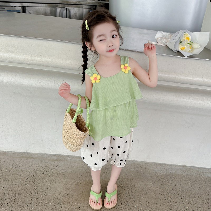 女童夏款花朵吊带波点七分裤w两件套甜美中小童网红夏装洋气儿童