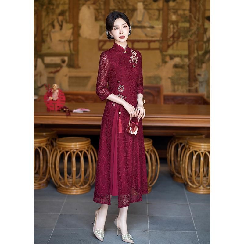 高端喜婆婆婚宴装妈妈旗袍高贵洋气年轻款粉色礼服裙日常可穿春季