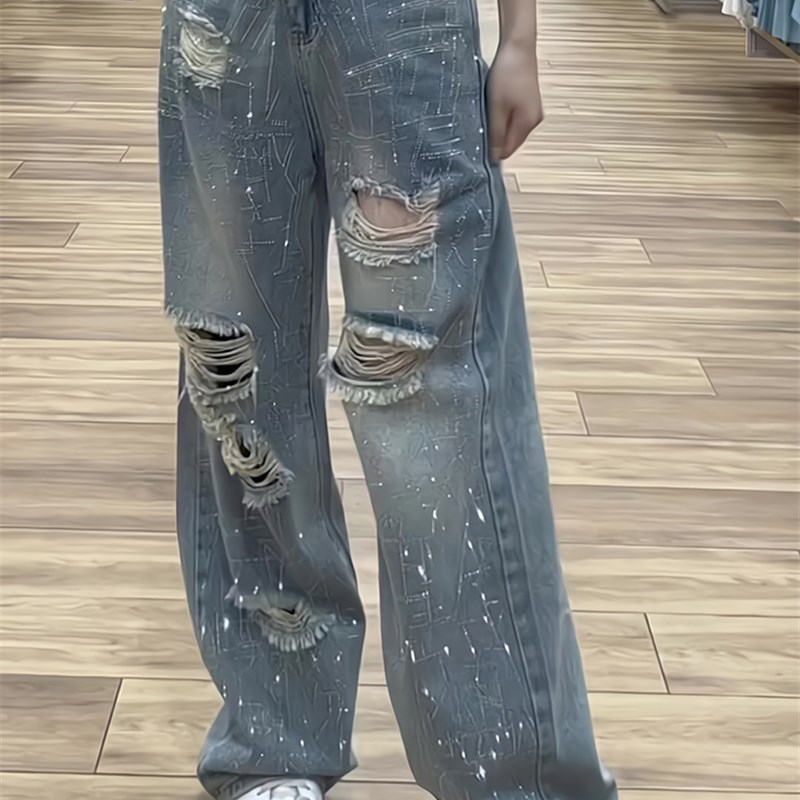 大码胖mm高腰牛仔裤女阔腿直筒夏季带钻烫钻小个子薄款破洞牛仔裤