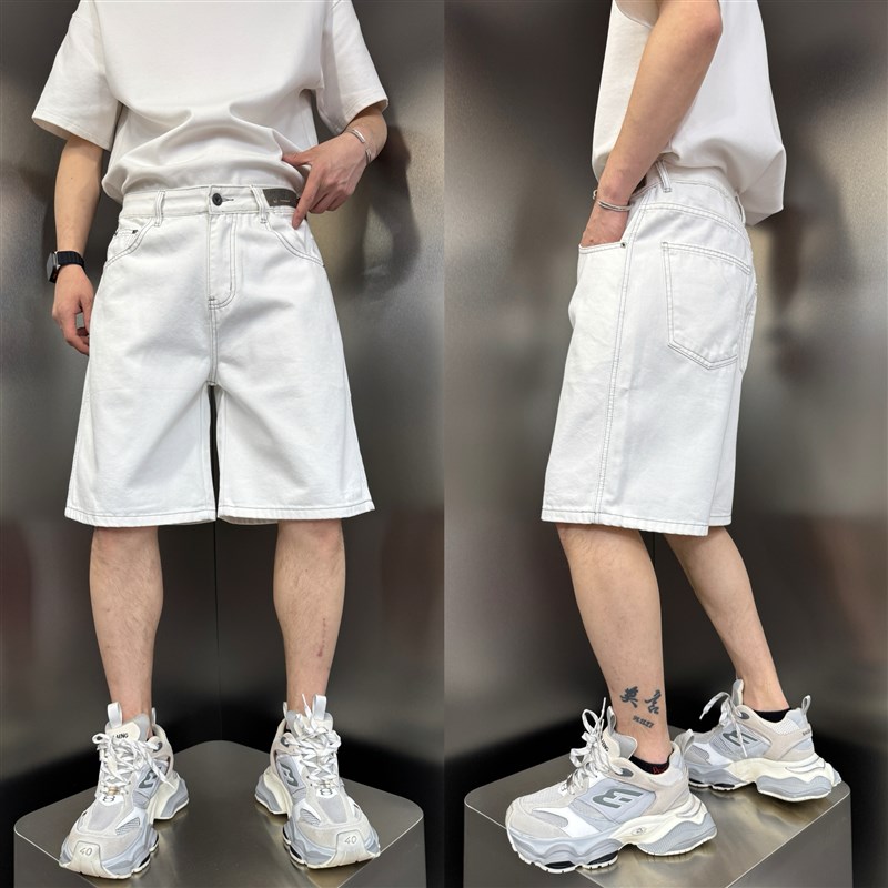 2025夏季新款美式高街牛仔短裤男士宽松直筒五分裤潮牌阔腿中裤子