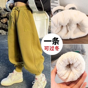 一體絨保暖休Z閑運(yùn)動褲 男童女童加絨褲 子2024秋冬新款 加厚衛(wèi)褲 潮
