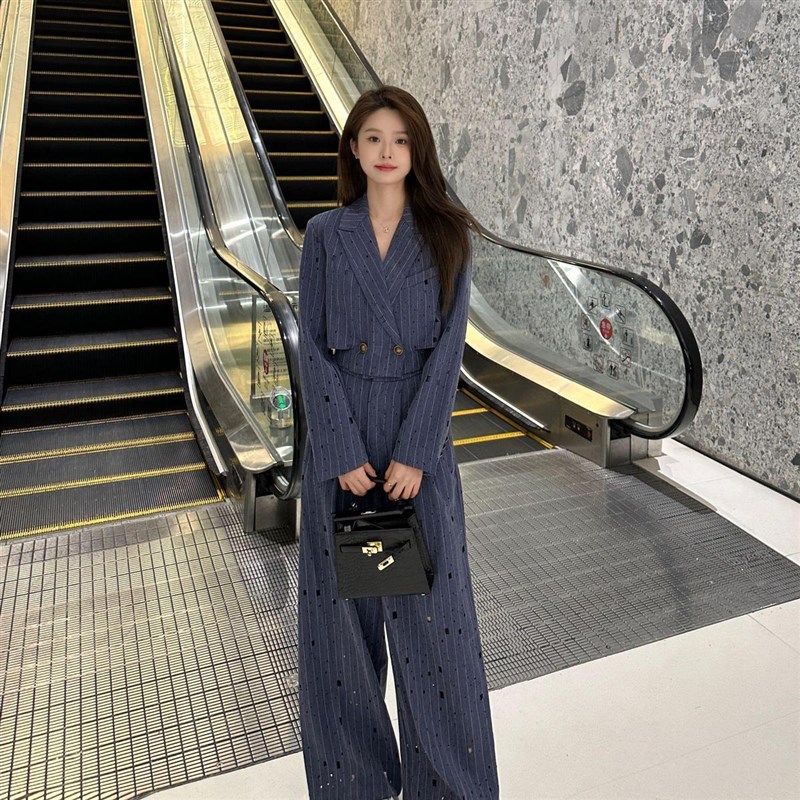 【雨薇】高级感西装套w装女烫钻镂空外套阔腿裤两件套