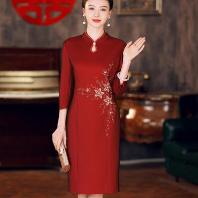结婚礼妈妈装礼服大码母亲婚庆A连衣裙秋冬加绒喜婆婆婚宴旗袍喜