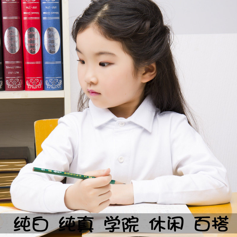 儿童t恤长袖纯棉白色翻领男童polo衫女童打底衫小学生中大童校服