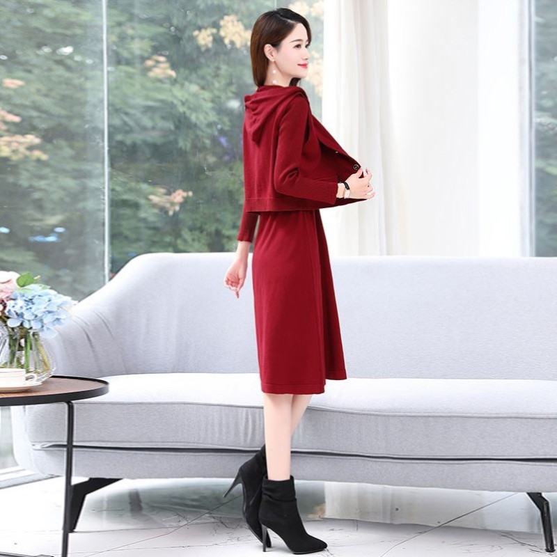 针织连衣裙两件套套装裙2021秋C季新款韩版女装小个子中长裙毛衣