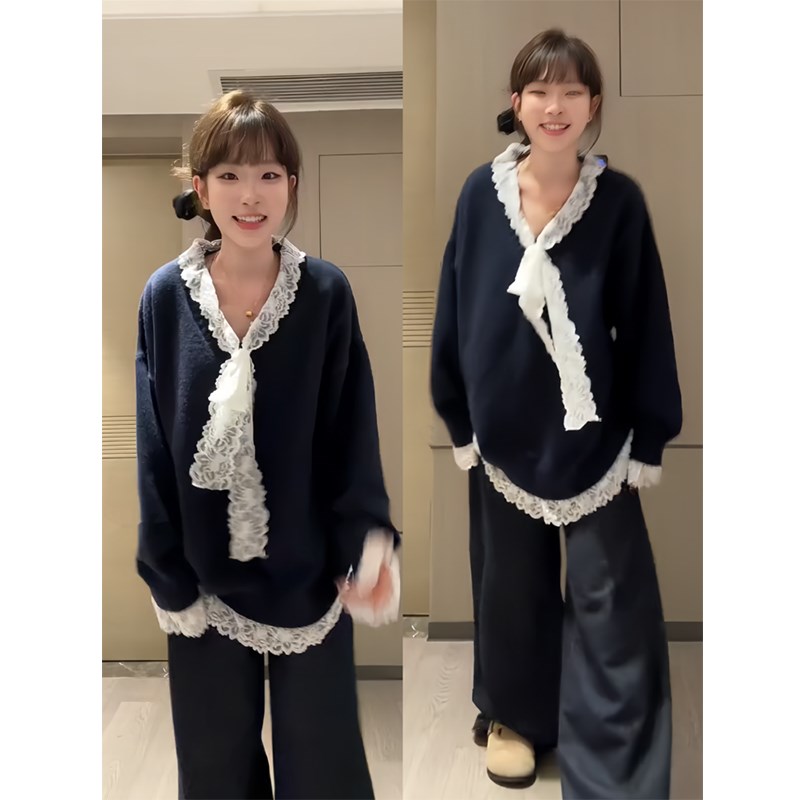 大码休闲慵懒风V领套头针织毛衣女秋季G新款胖MM蕾丝拼接长袖上衣