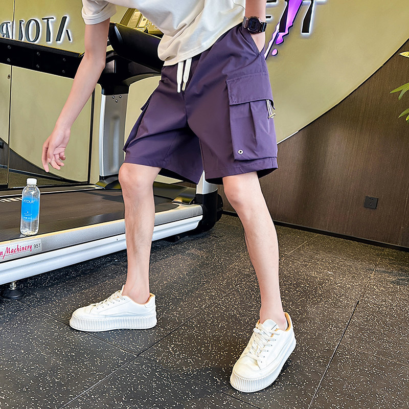 男士高级感紫色短裤潮牌工装五分裤休闲宽松中裤子薄款男裤沙滩裤