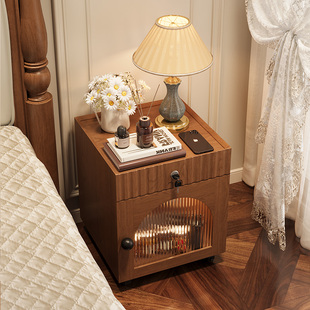 实木床头柜带锁家用卧室带轮可移动小矮柜40cm宽30公分窄柜床边柜