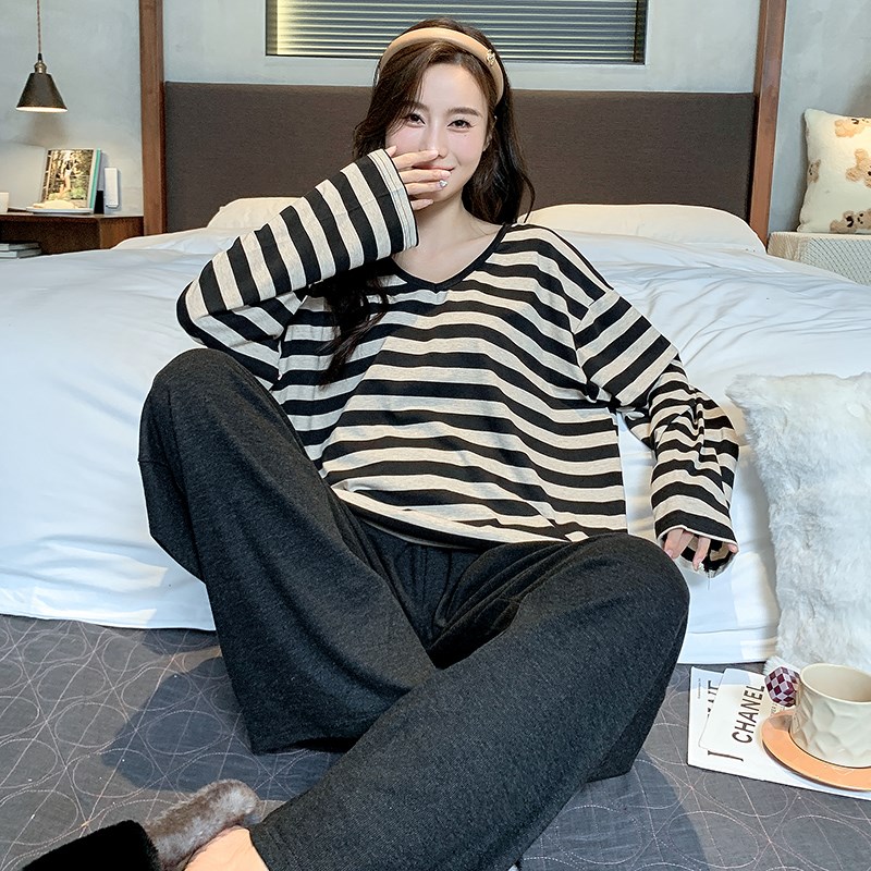 新款条纹睡衣女春秋季纯棉长袖外穿家居服休闲高级感宽松大码套装