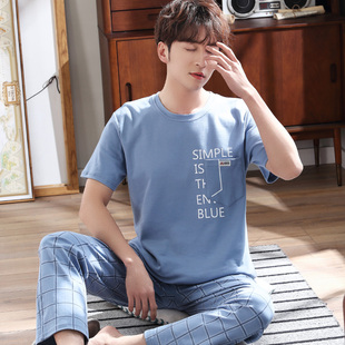 男士 全棉男式 大码 纯棉短袖 夏天家居服 男款 长裤 套装 睡衣男夏季 薄款