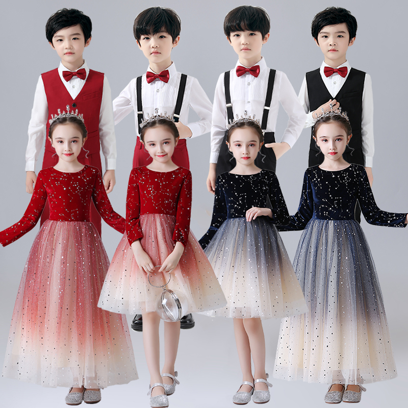 儿童合唱演出服小学生女童礼服舞蹈裙男童背带裤朗诵夏季表演服装