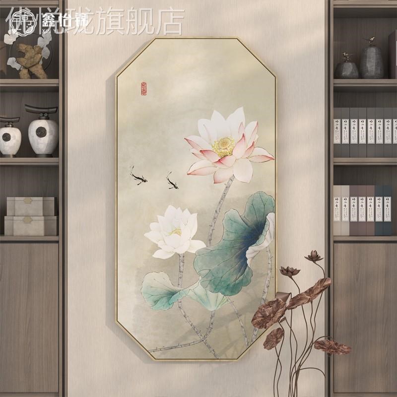 定做新中式入户玄关装饰画客厅茶室挂墙画走廊过道壁荷花沙画发背图片