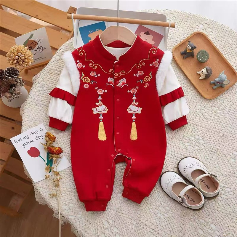 婴儿红色满月加绒连体衣衣服秋冬装中国国风周岁百天宝宝连体爬服