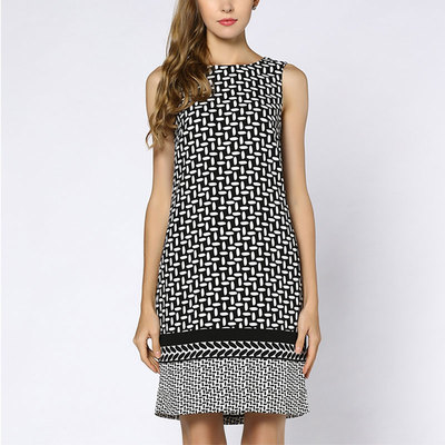 优雅黑白花印格子条纹无袖背心h型连衣裙大码女装夏季气质a字直筒