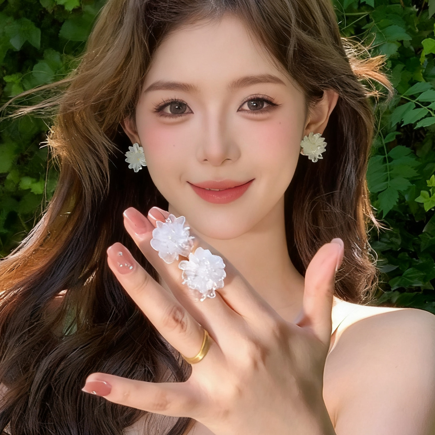 如花似梦清透绿色花朵耳环