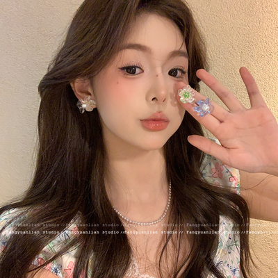 清透蓝色花朵珍珠耳钉女